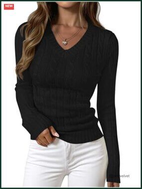 Cable Knit Fitted V Neck Long Sleeve Pullover Sweater